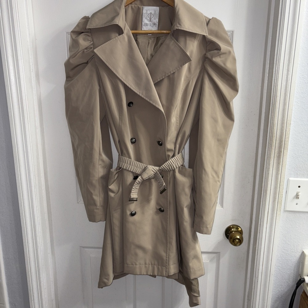 Women's Trench Coat Tan Button Puff Shoulder Collared Belted  XL